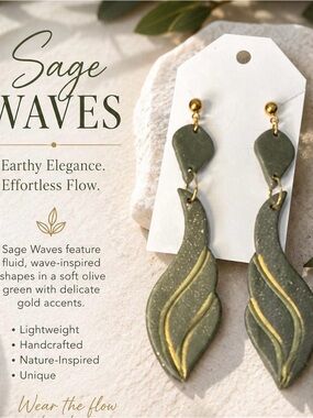 Sage Green Wave Drop Earrings with Gold Accents
